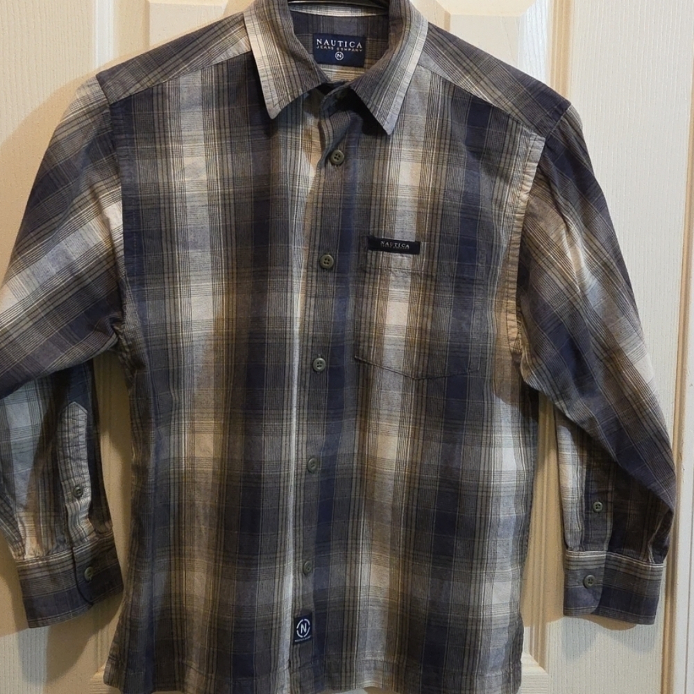 Nautica Jeans Co Boys Blue Plaid Button Down Long Sleeve Shirt Size S